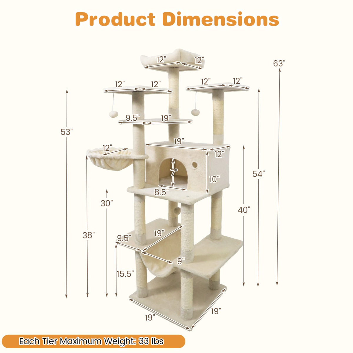 Large Cat Tree for Indoor Cats 63" Tall Cat Tower-Beige-Cat Trees & Scratchers-DECOROLALA