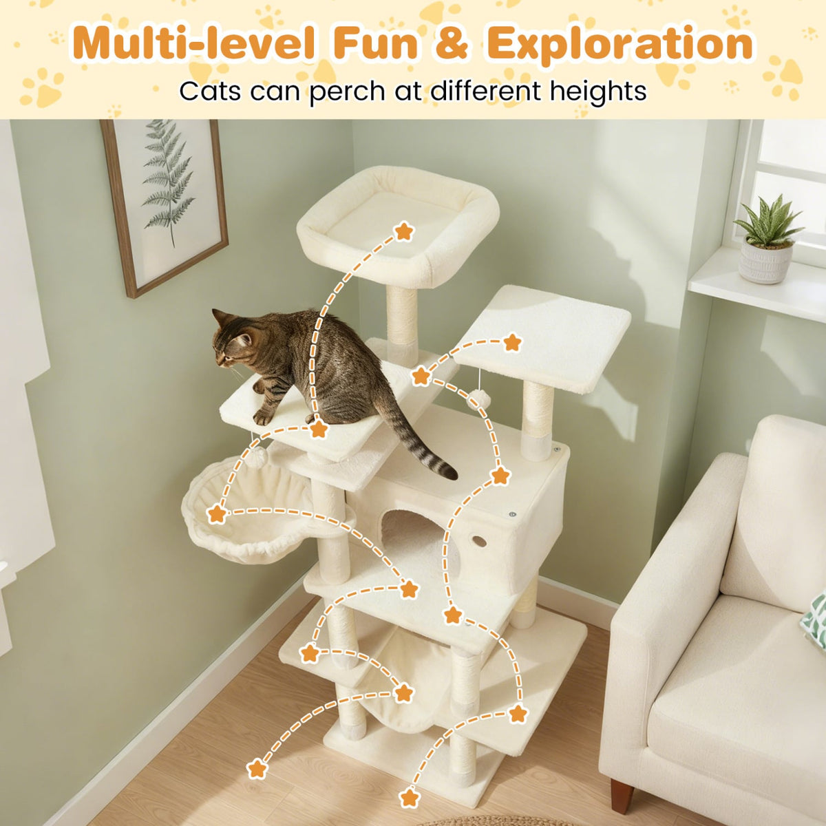 Large Cat Tree for Indoor Cats 63" Tall Cat Tower-Beige-Cat Trees & Scratchers-DECOROLALA