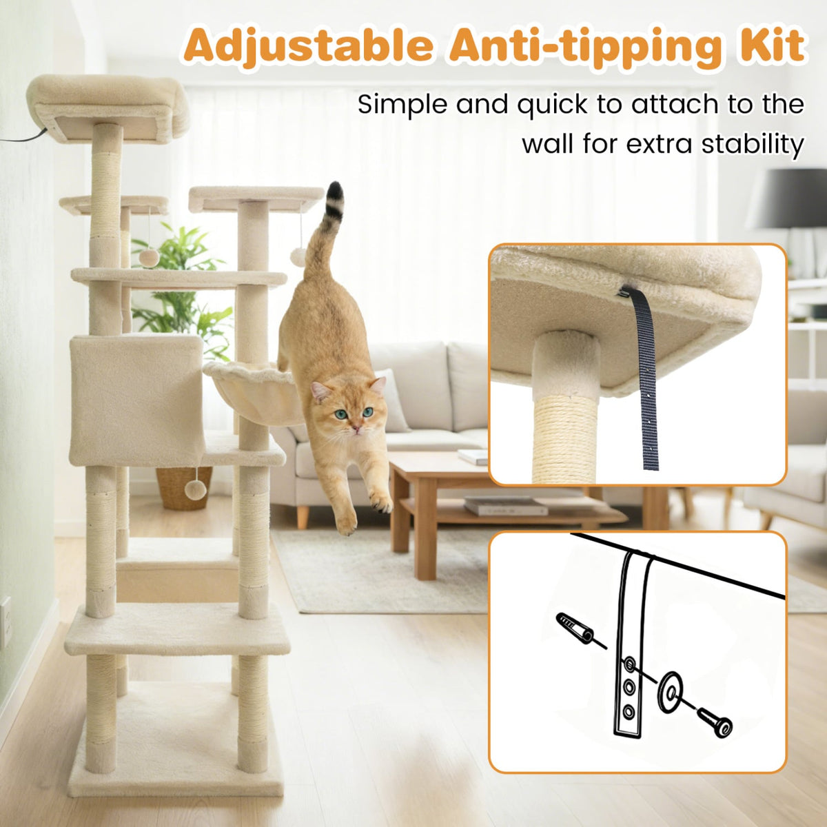 Large Cat Tree for Indoor Cats 63" Tall Cat Tower-Beige-Cat Trees & Scratchers-DECOROLALA