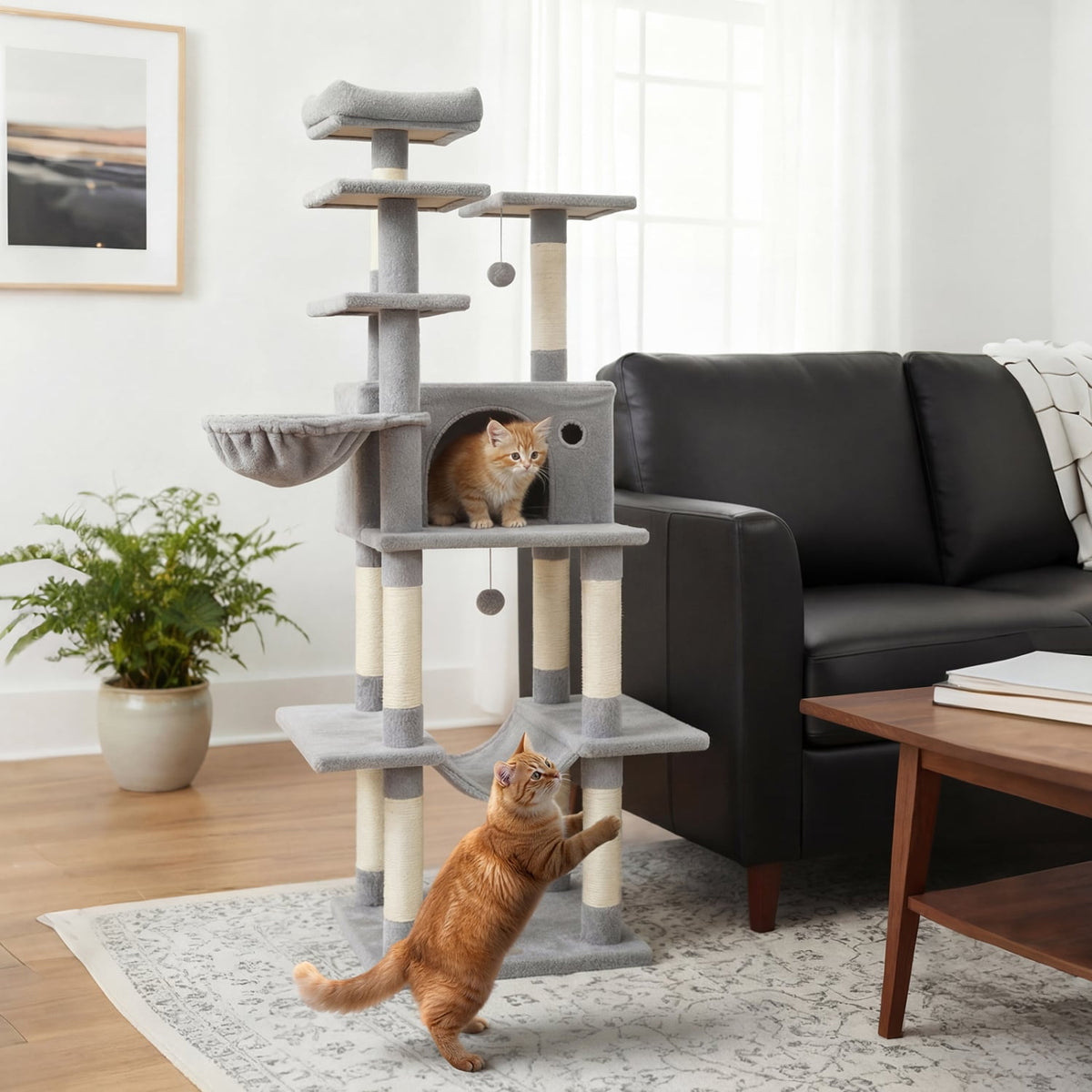 Large Cat Tree for Indoor Cats 63" Tall Cat Tower-Lght Gray-Cat Trees & Scratchers-DECOROLALA