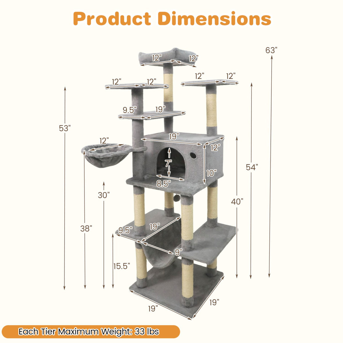 Large Cat Tree for Indoor Cats 63" Tall Cat Tower-Lght Gray-Cat Trees & Scratchers-DECOROLALA