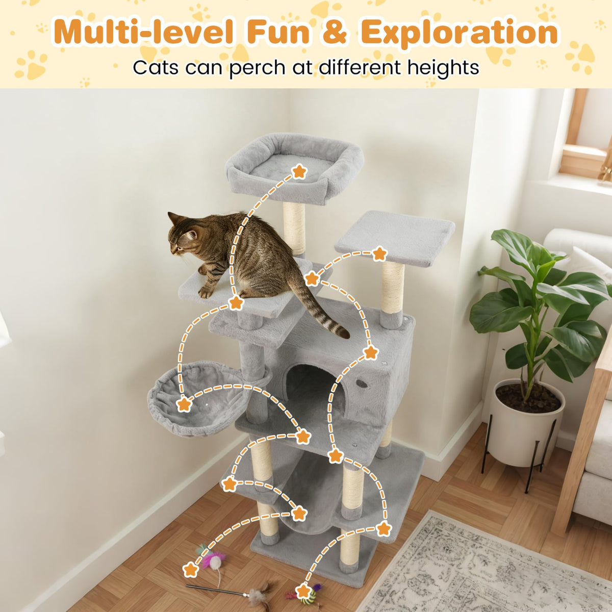 Large Cat Tree for Indoor Cats 63" Tall Cat Tower-Lght Gray-Cat Trees & Scratchers-DECOROLALA