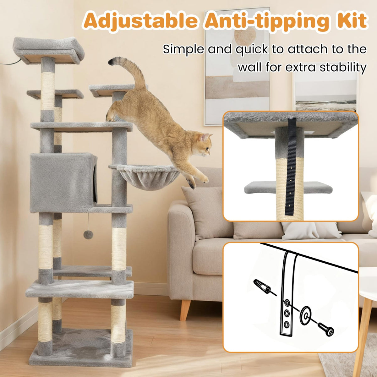 Large Cat Tree for Indoor Cats 63" Tall Cat Tower-Lght Gray-Cat Trees & Scratchers-DECOROLALA