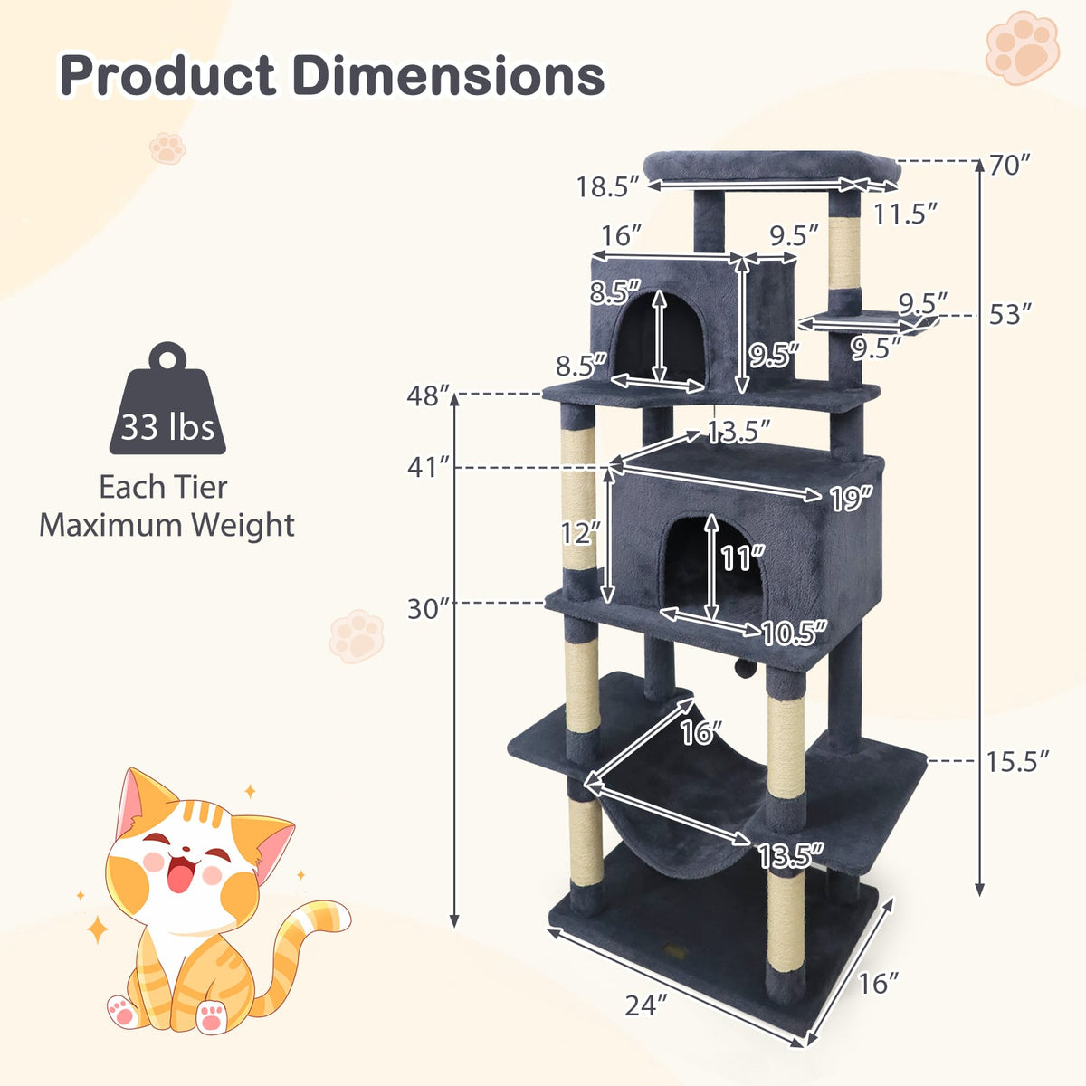 Large Cat Tree for Indoor Cats 70" Tall Cat Tower-Dark Gray-Cat Trees & Scratchers-DECOROLALA