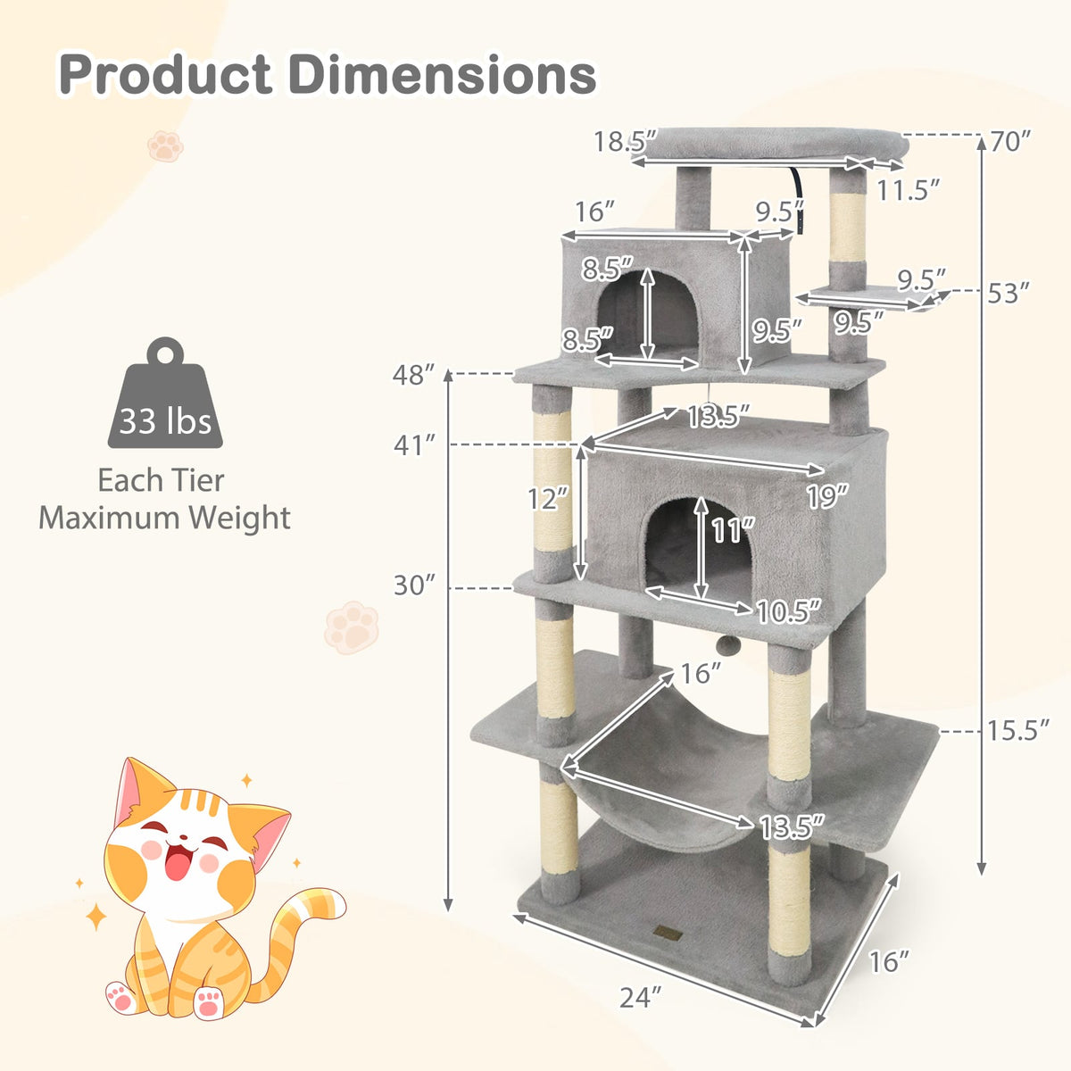 Large Cat Tree for Indoor Cats 70" Tall Cat Tower-Light Gray-Cat Trees & Scratchers-DECOROLALA