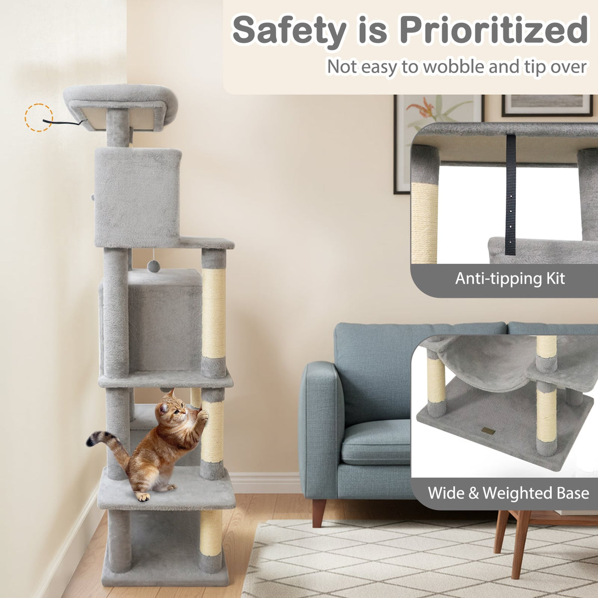 Large Cat Tree for Indoor Cats 70" Tall Cat Tower-Light Gray-Cat Trees & Scratchers-DECOROLALA