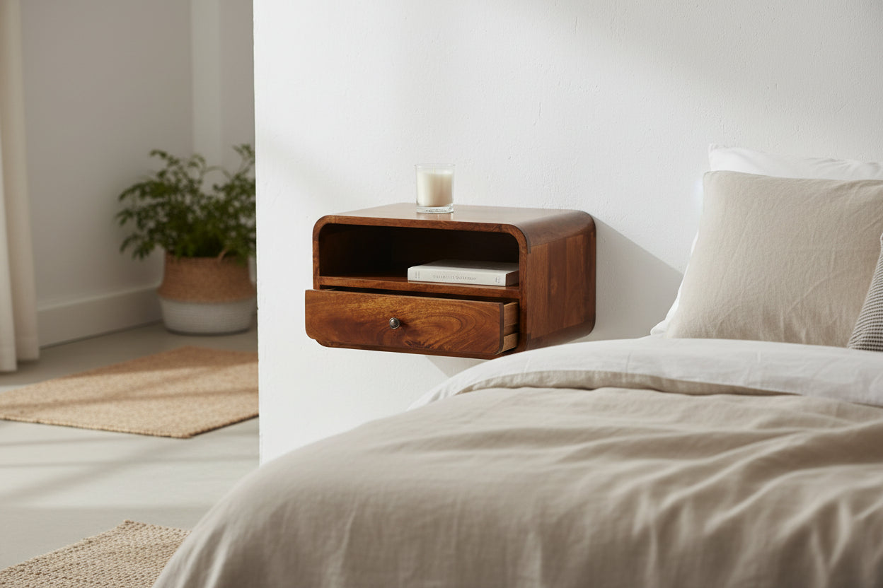 Large Chestnut Floating Bedside Table with Drawer - Mango Wood-Nightstand-DECOROLALA