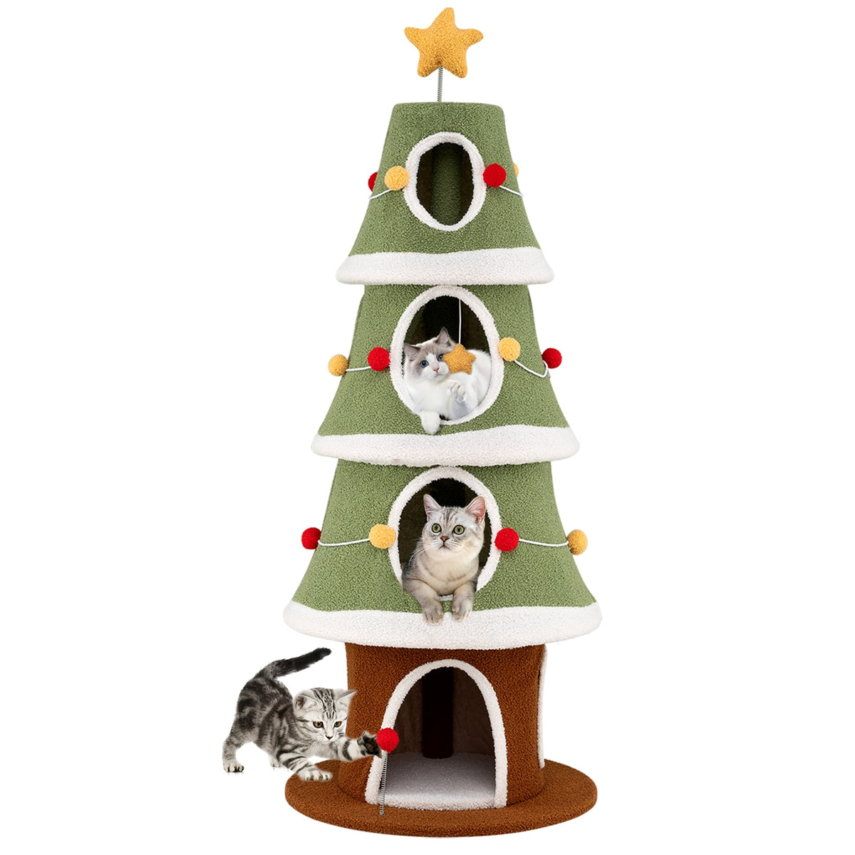 Large Christmas Cat Tree for Indoor Cats 61 Inch Cute Cat Tower with 4 Condos-Green-Cat Trees & Scratchers-DECOROLALA