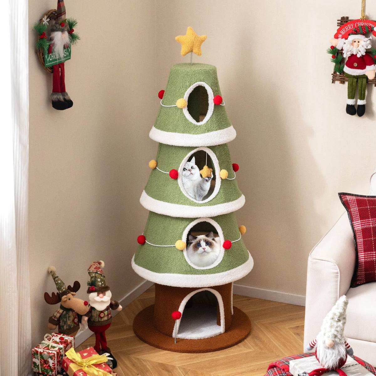 Large Christmas Cat Tree for Indoor Cats 61 Inch Cute Cat Tower with 4 Condos-Green-Cat Trees & Scratchers-DECOROLALA