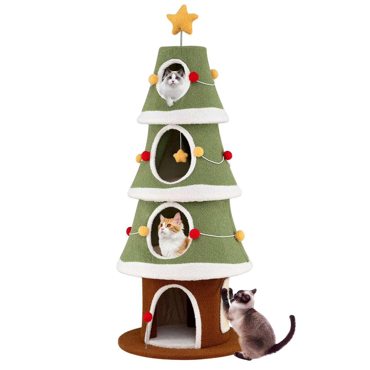 Large Christmas Cat Tree for Indoor Cats 61 Inch Cute Cat Tower with 4 Condos-Green-Cat Trees & Scratchers-DECOROLALA