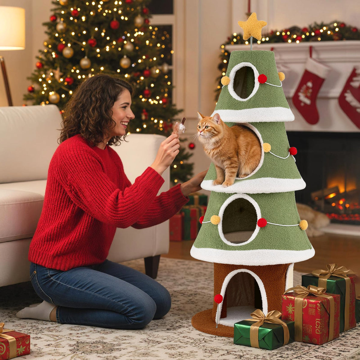 Large Christmas Cat Tree for Indoor Cats 61 Inch Cute Cat Tower with 4 Condos-Green-Cat Trees & Scratchers-DECOROLALA