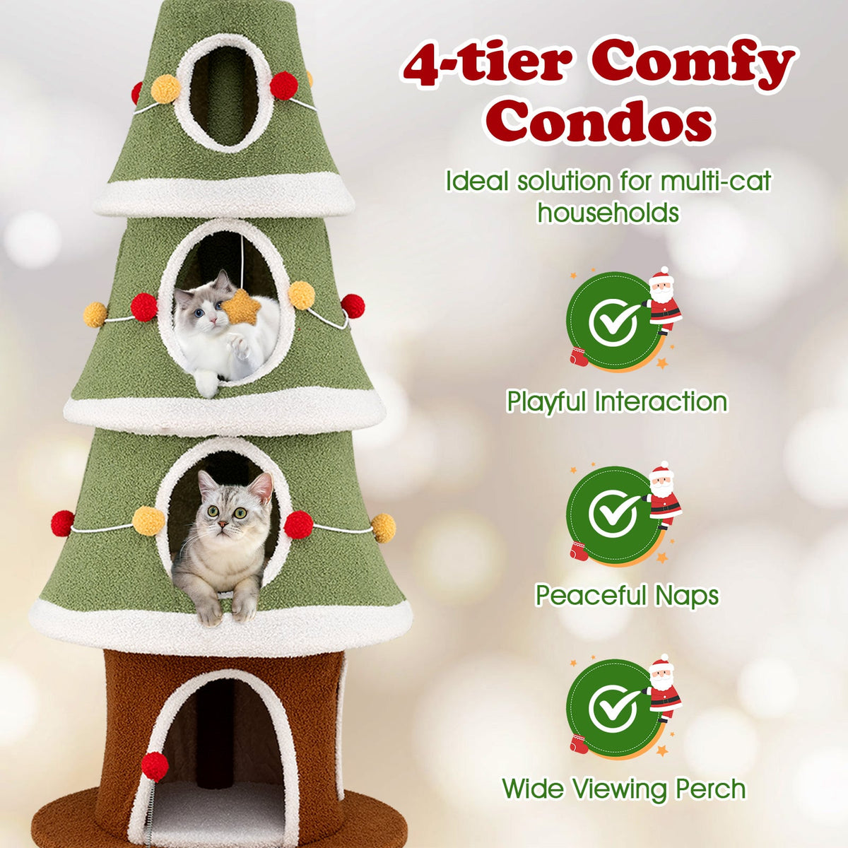 Large Christmas Cat Tree for Indoor Cats 61 Inch Cute Cat Tower with 4 Condos-Green-Cat Trees & Scratchers-DECOROLALA