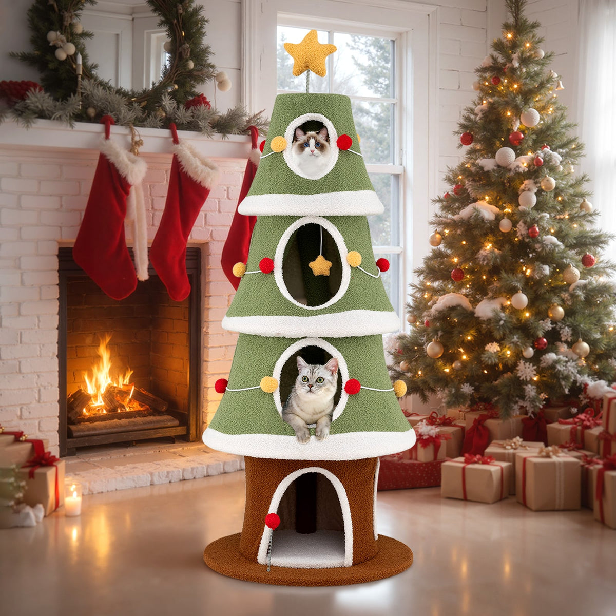 Large Christmas Cat Tree for Indoor Cats 61 Inch Cute Cat Tower with 4 Condos-Green-Cat Trees & Scratchers-DECOROLALA