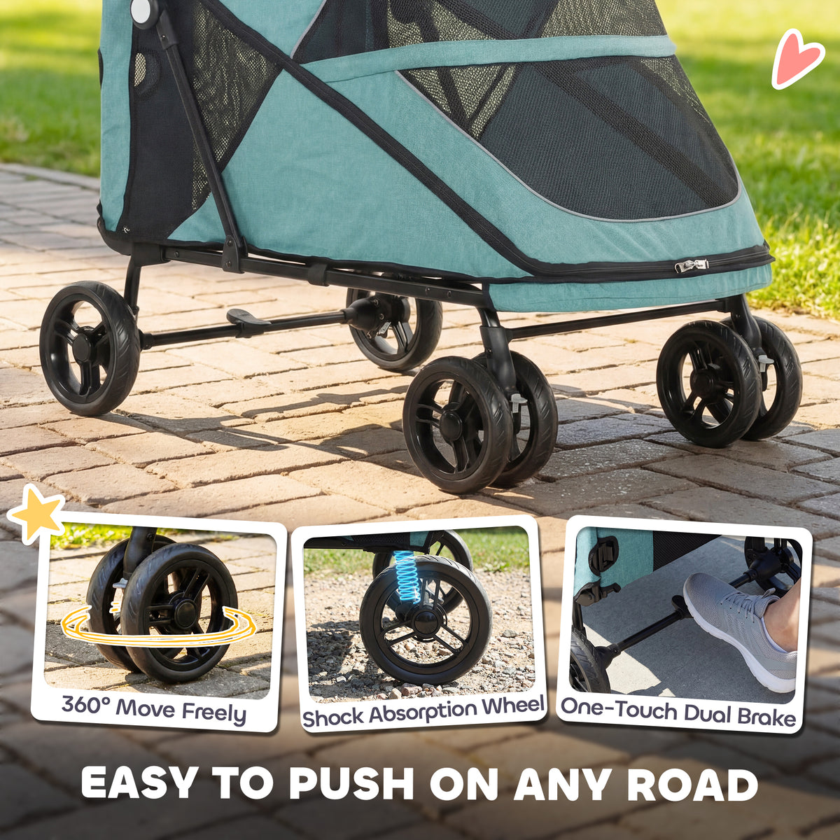 Large Dog Stroller - Turquoise 66lbs Capacity Foldable 4-Wheel-Dogs-DECOROLALA