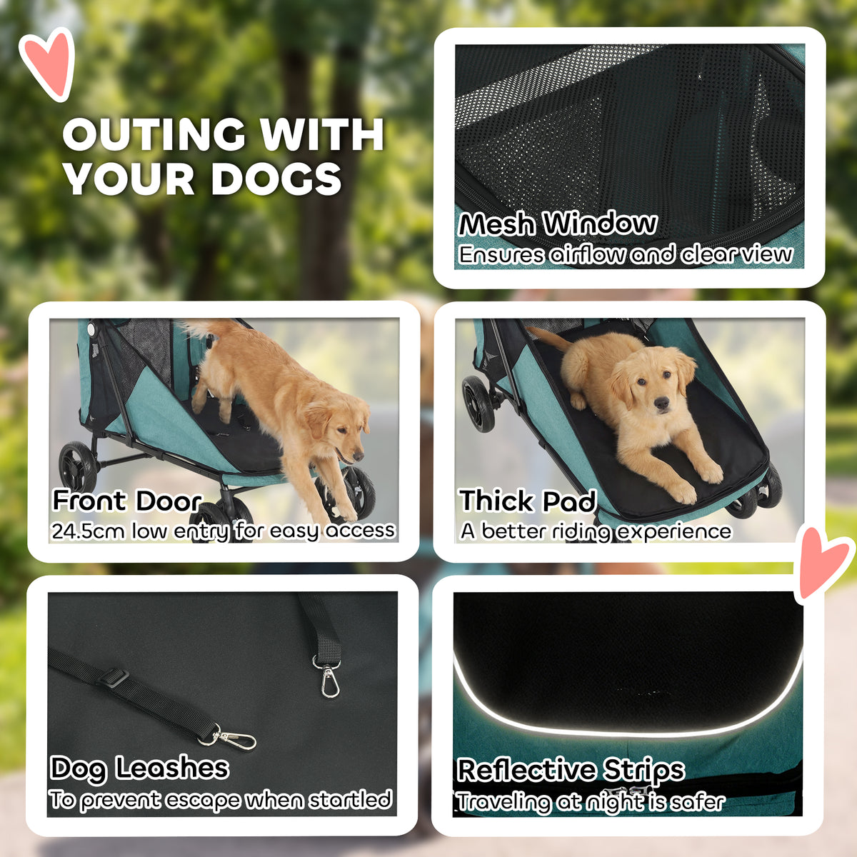 Large Dog Stroller - Turquoise 66lbs Capacity Foldable 4-Wheel-Dogs-DECOROLALA