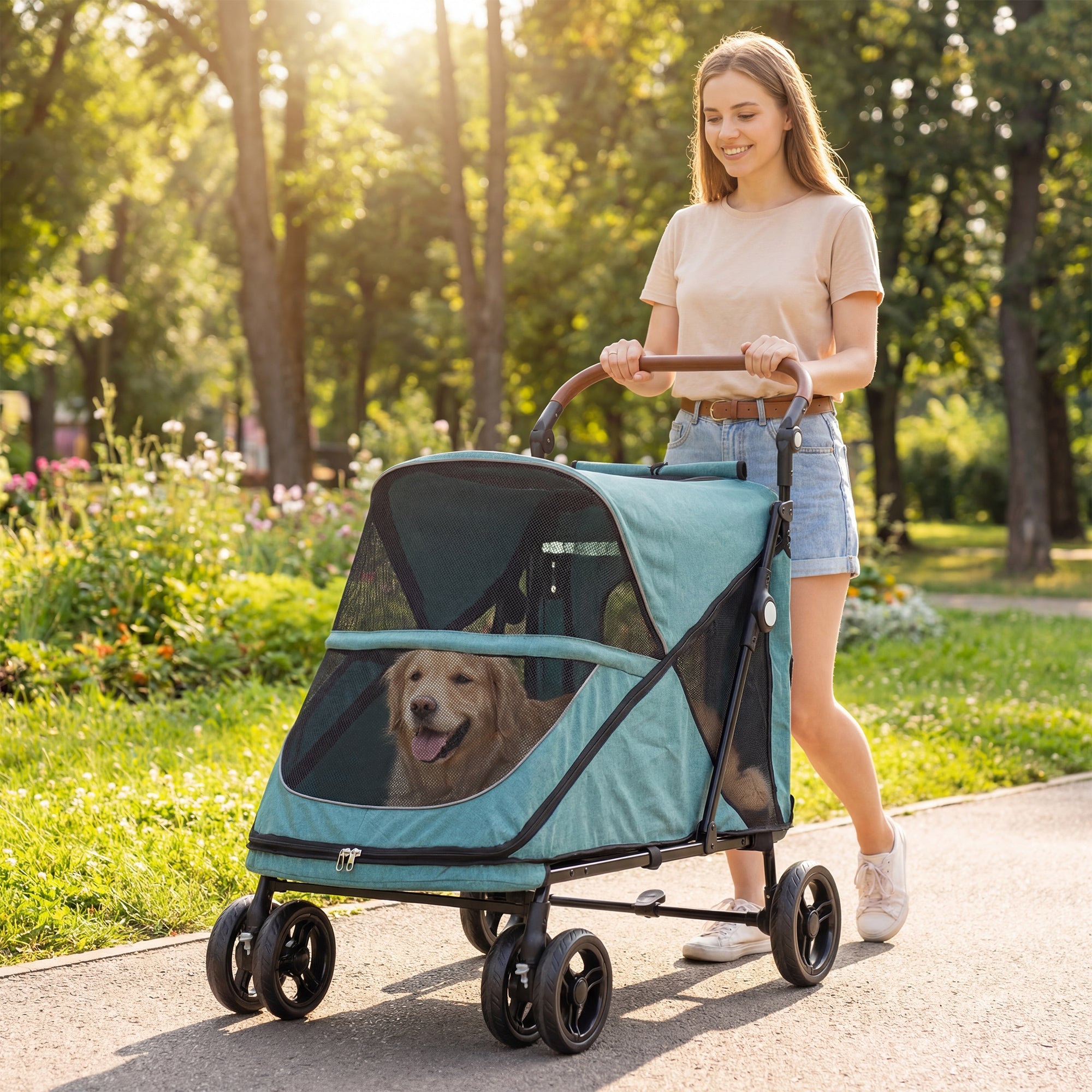 Large Dog Stroller - Turquoise 66lbs Capacity Foldable 4-Wheel-Dogs-DECOROLALA