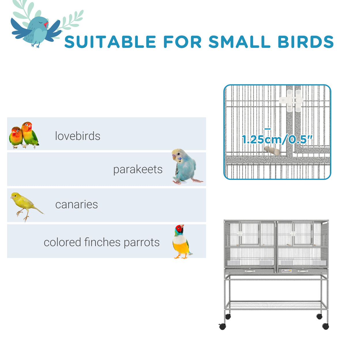 Large Double Rolling Metal Bird Cage - Light Grey 37" Wide-Birds-DECOROLALA