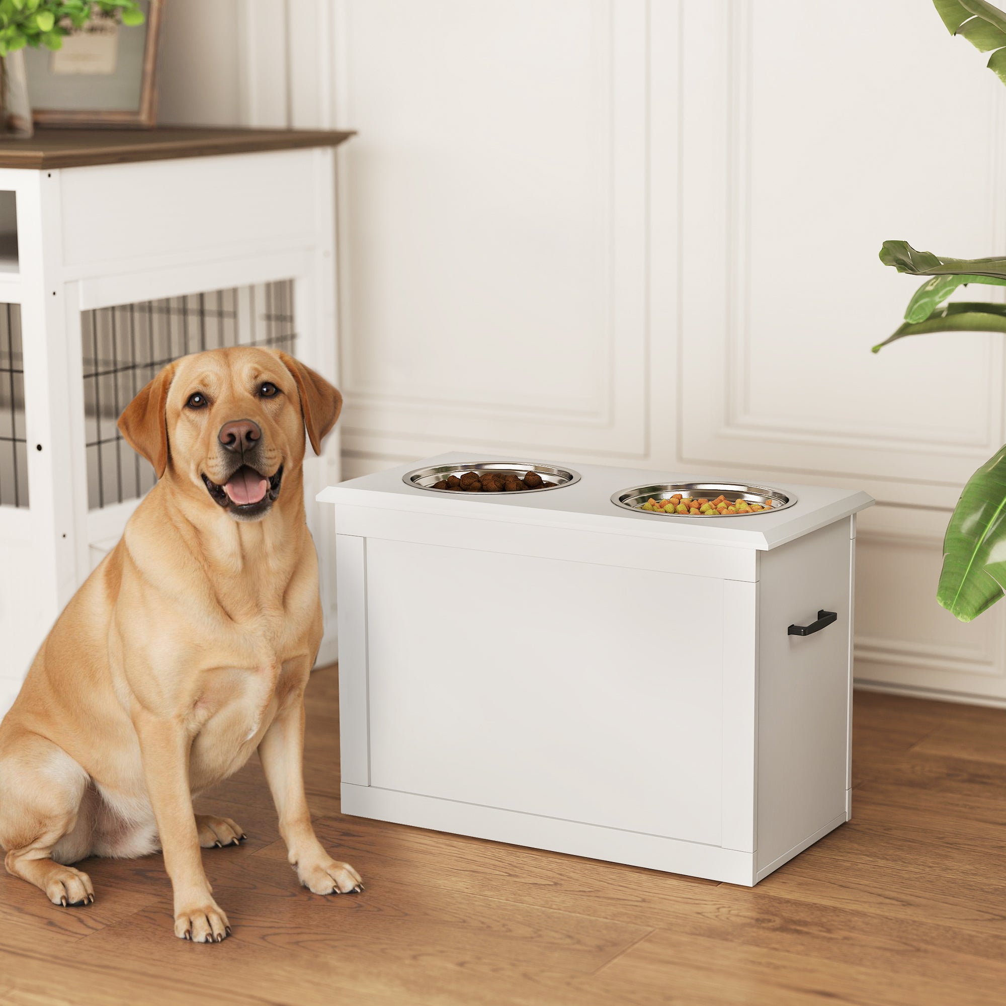 Large Elevated Pet Feeder with Storage and 2 Bowls - White-Dogs-DECOROLALA