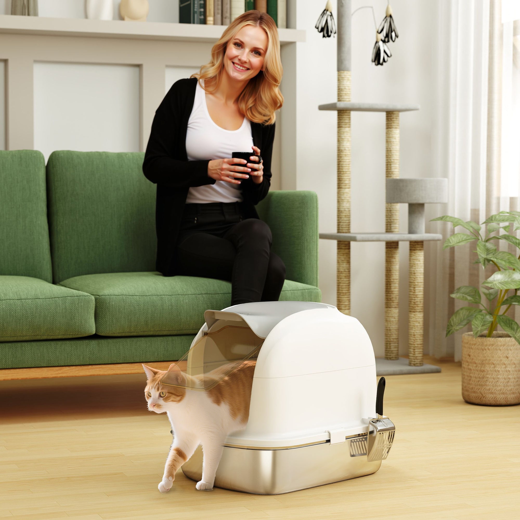 Large Enclosed Stainless Steel Cat Litter Box with Lid and Scoop-Cats-DECOROLALA