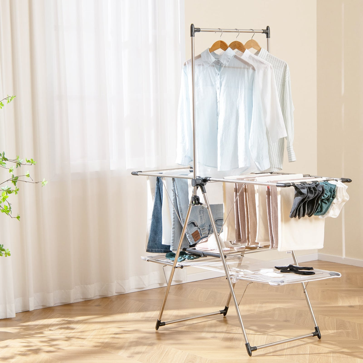 Large Foldable Clothes Drying Rack with Tall Hanging Bar-Laundry Drying Racks-DECOROLALA