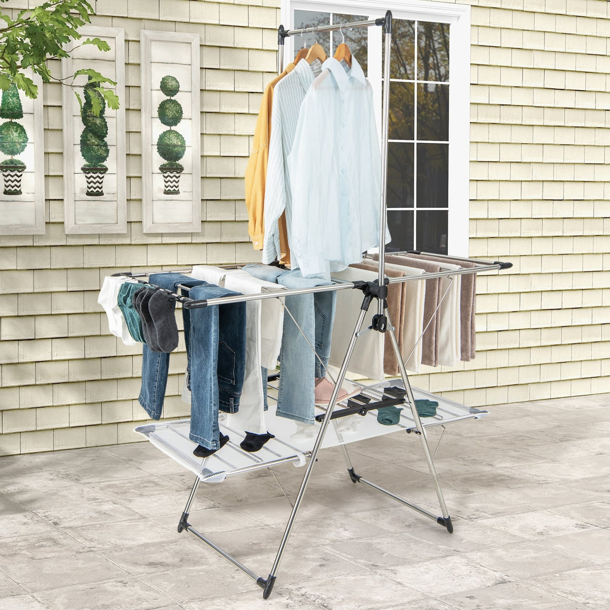 Large Foldable Clothes Drying Rack with Tall Hanging Bar-Laundry Drying Racks-DECOROLALA