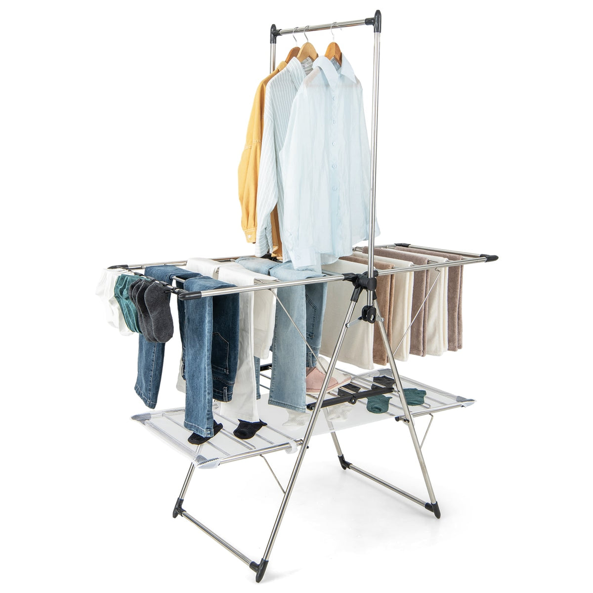 Large Foldable Clothes Drying Rack with Tall Hanging Bar-Laundry Drying Racks-DECOROLALA