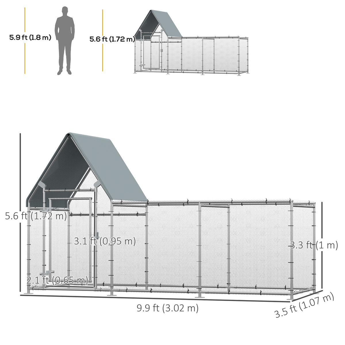 Large Galvanized Walk-In Chicken Run - 9.9' x 3.5' x 5.6' Silver-Small Animals-DECOROLALA