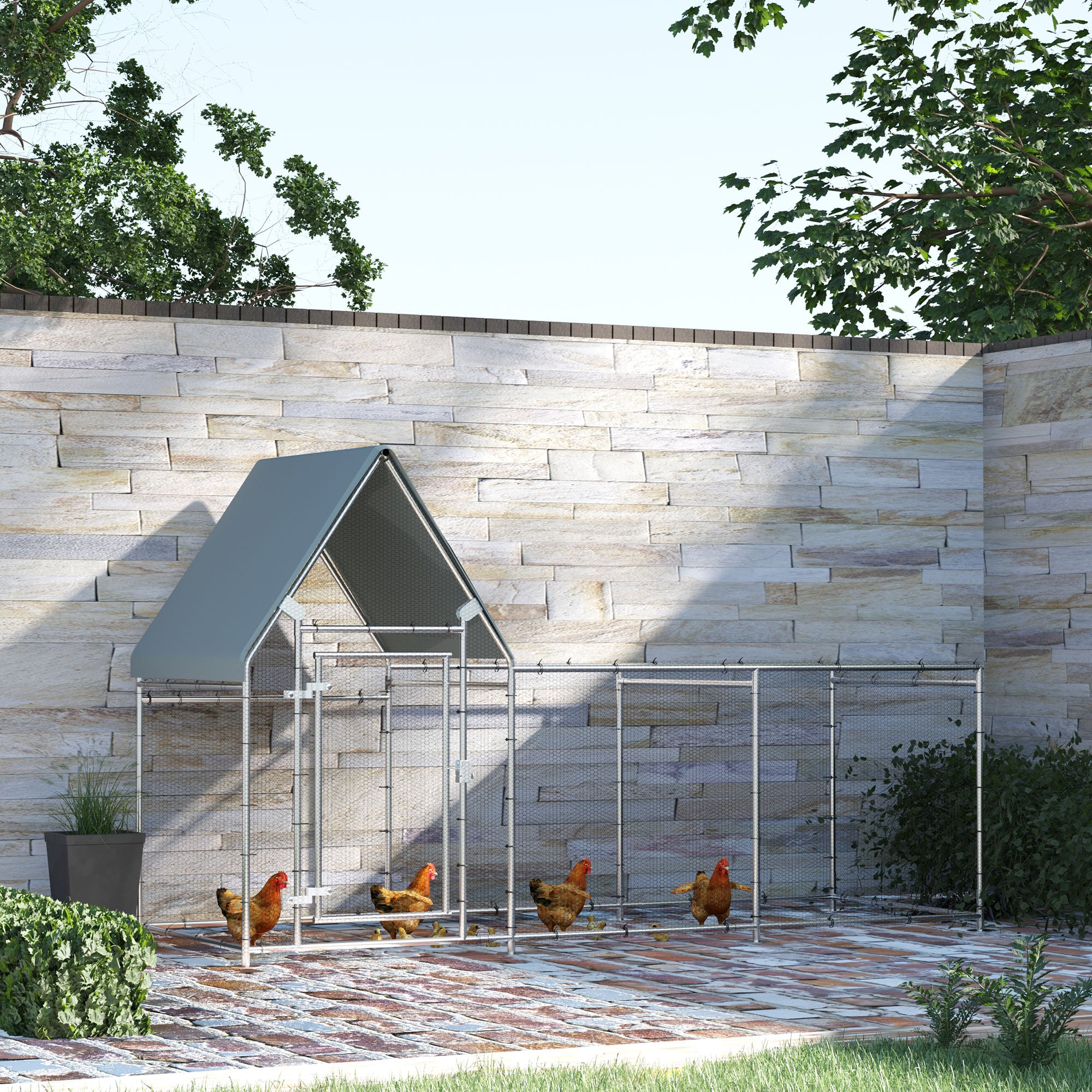 Large Galvanized Walk-In Chicken Run - 9.9' x 3.5' x 5.6' Silver-Small Animals-DECOROLALA