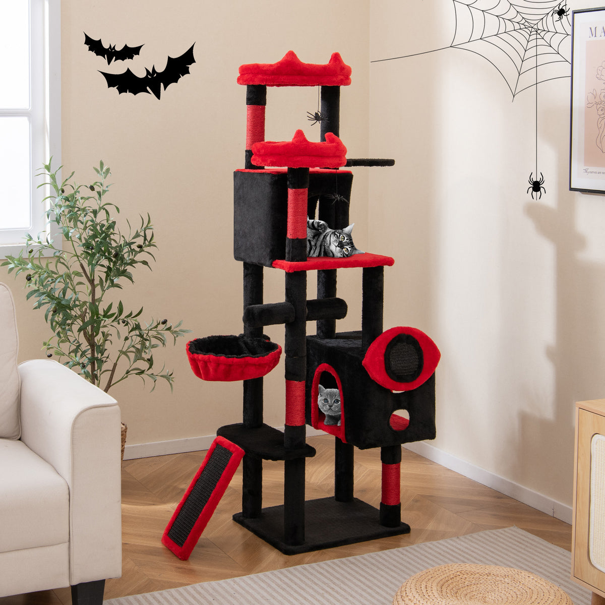Large Gothic Cat Tree with Cat Condos and Plush Perches-Black & Red-Cat Trees & Scratchers-DECOROLALA