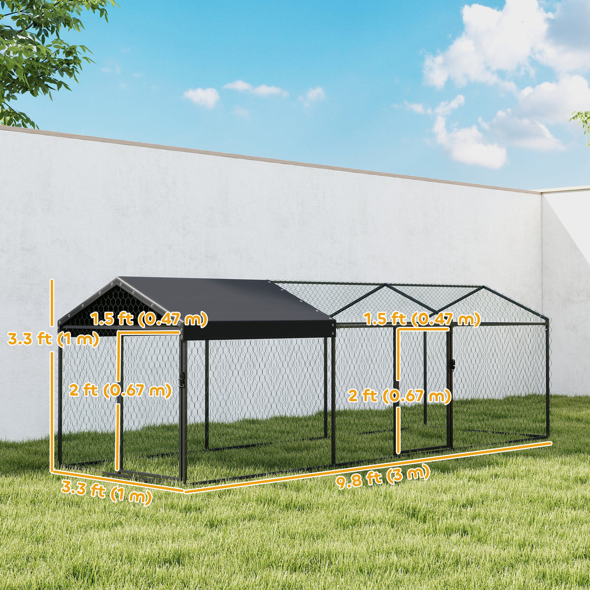 Large Metal Chicken Coop - 9.8' Outdoor Poultry Run with Cover-Small Animals-DECOROLALA
