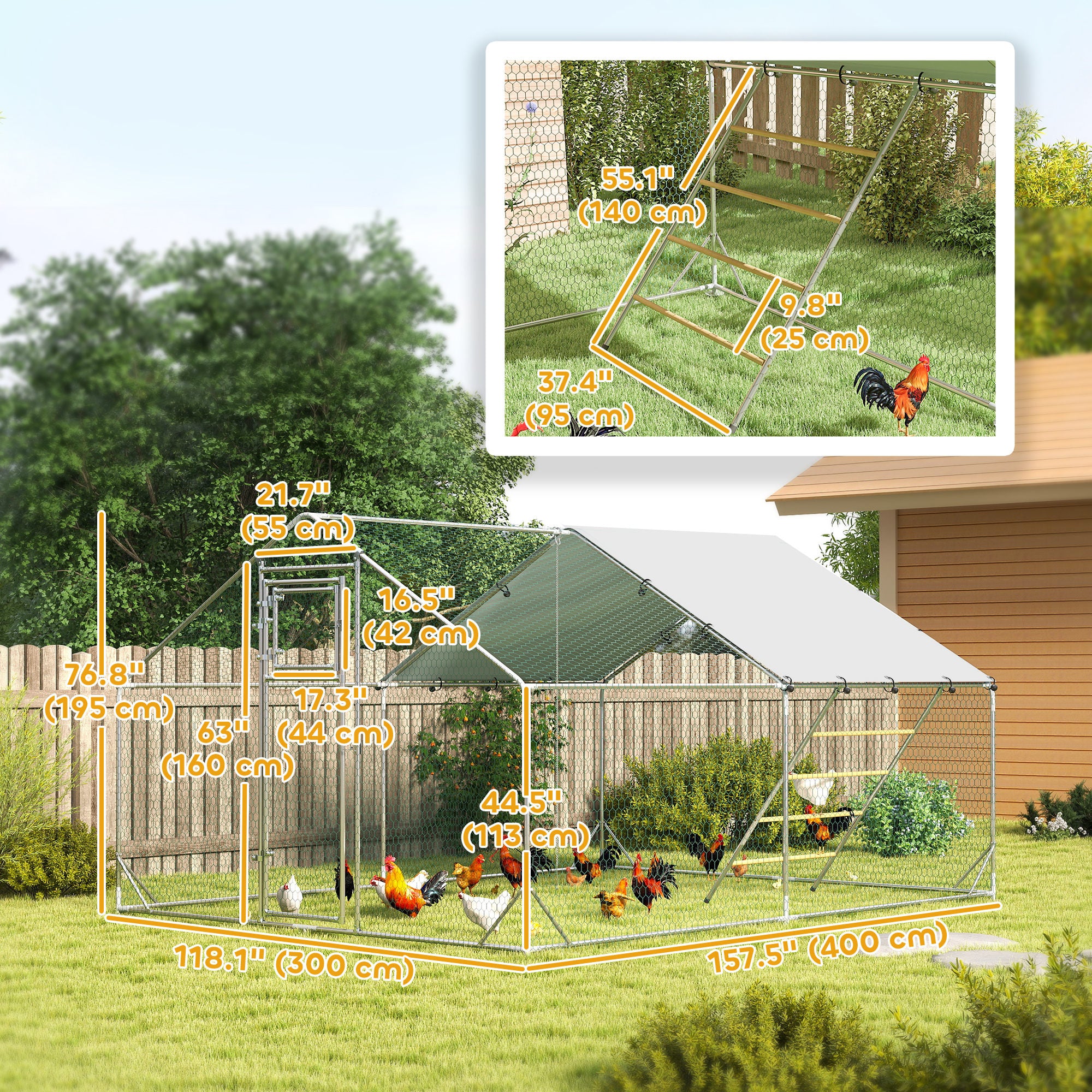 Large Metal Chicken Run with Waterproof & UV-Resistant Cover, Feeding Door, Hanging Feeder, Perch for 12-18 Chickens-Small Animals-DECOROLALA