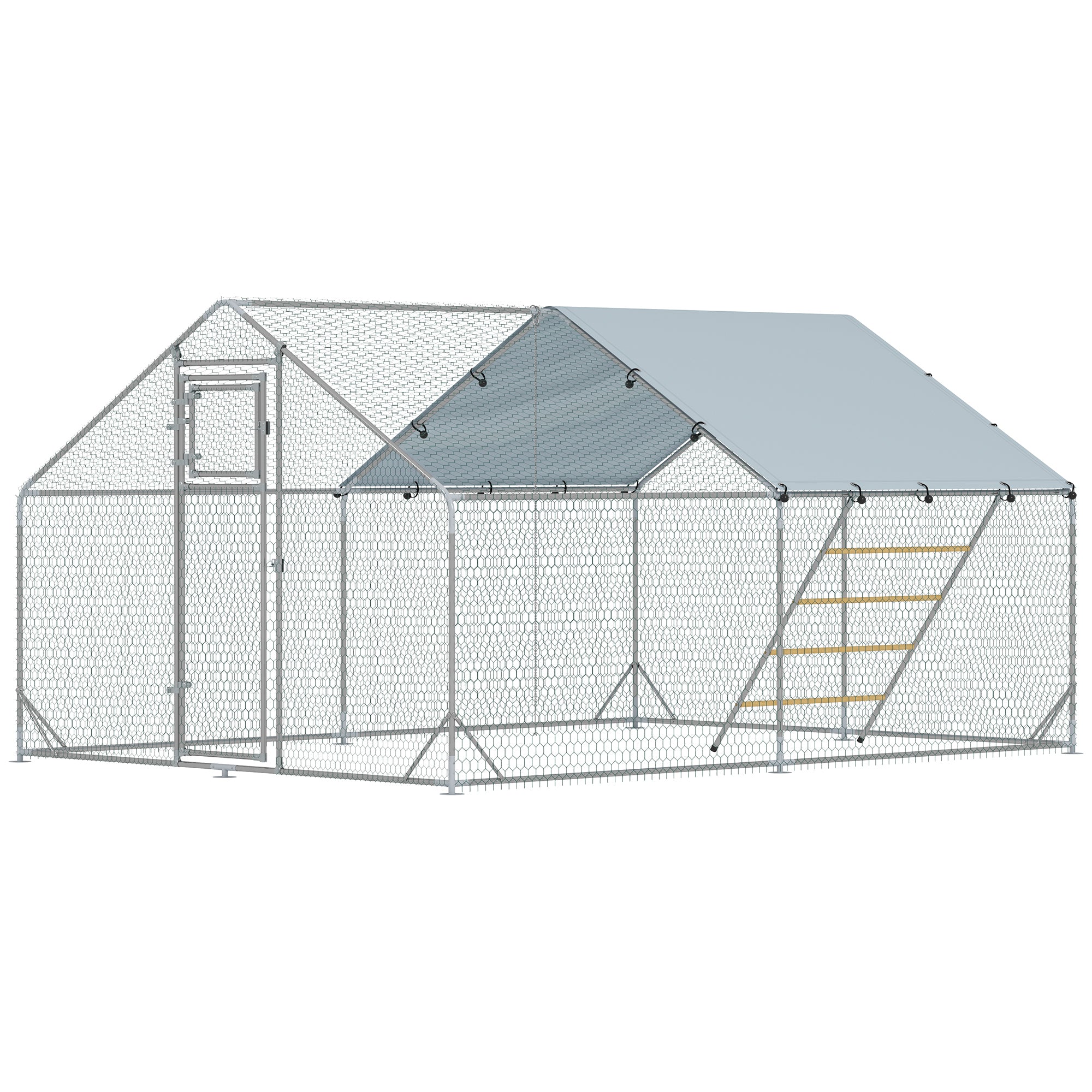 Large Metal Chicken Run with Waterproof & UV-Resistant Cover, Feeding Door, Hanging Feeder, Perch for 12-18 Chickens-Small Animals-DECOROLALA