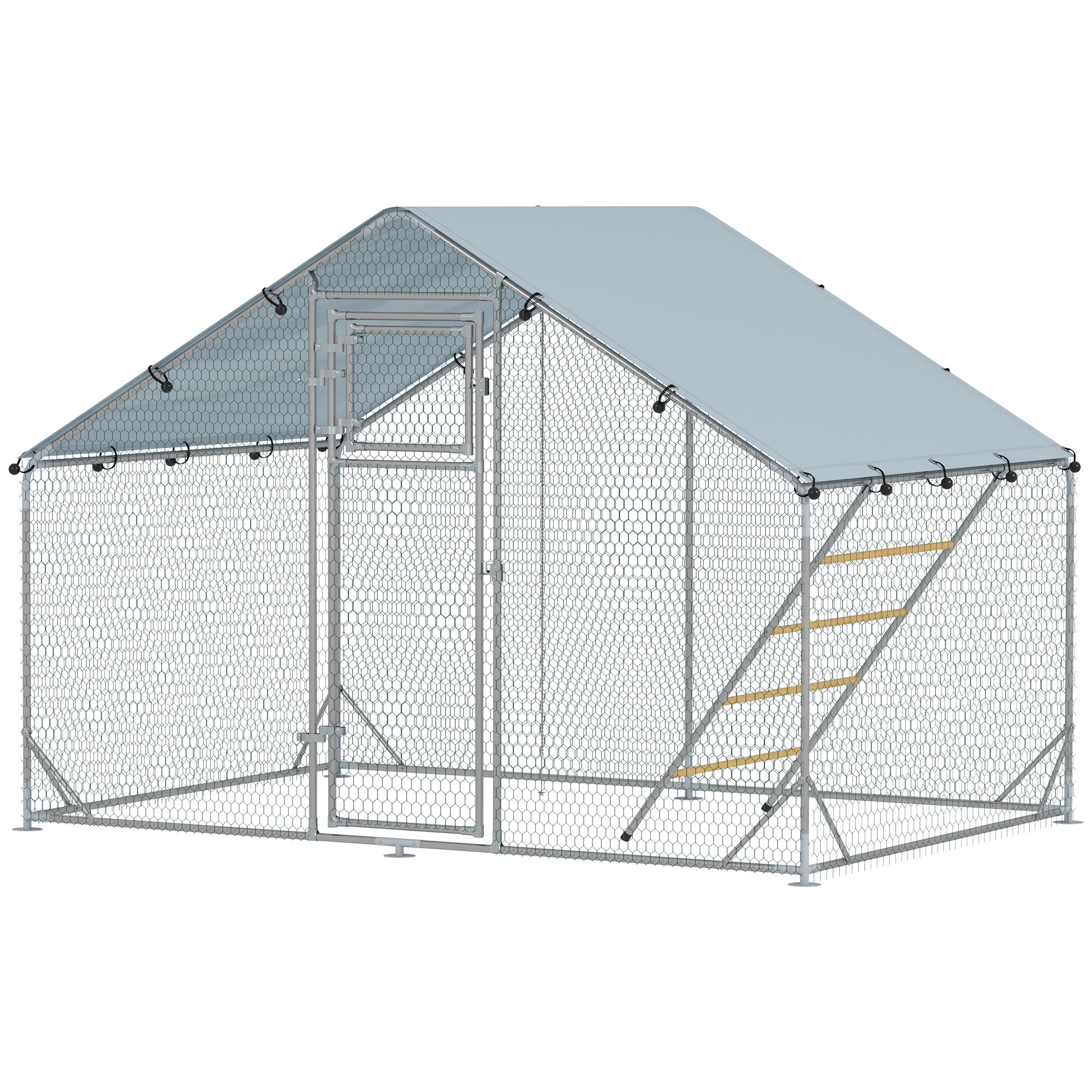 Large Metal Chicken Run with Waterproof & UV-Resistant Cover, Feeding Door, Hanging Feeder, Perch for 6-8 Chickens-Small Animals-DECOROLALA