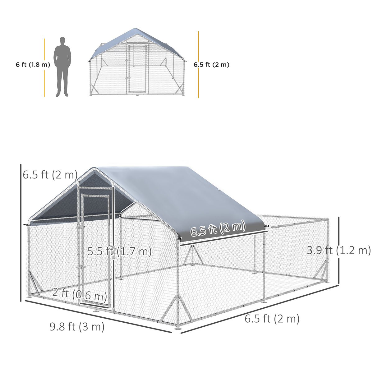 Large Metal Walk-in Chicken Coop - 13.1' x 9.8' x 6.4' Silver-Small Animals-DECOROLALA