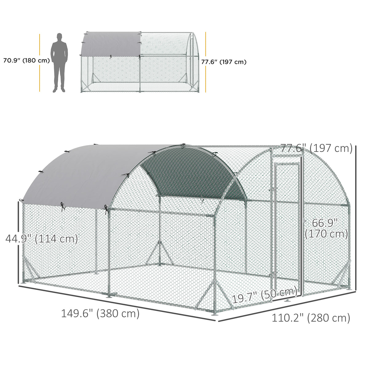 Large Metal Walk-in Chicken Coop - 9.2' x 12.5' x 6.5' Silver-Small Animals-DECOROLALA