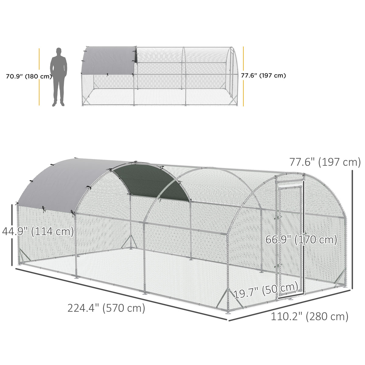 Large Metal Walk-in Chicken Coop - 9.2' x 18.7' x 6.5' Silver-Small Animals-DECOROLALA