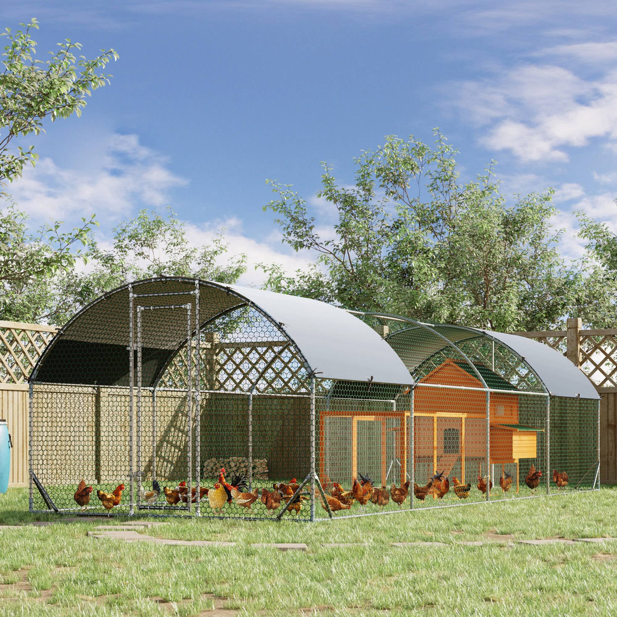 Large Metal Walk-in Chicken Coop - 9.2' x 24.9' x 6.5' Silver-Small Animals-DECOROLALA