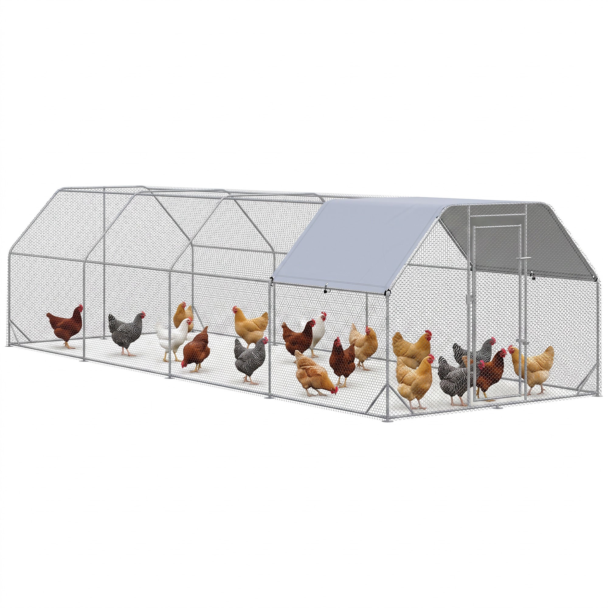 Large Metal Walk-in Chicken Coop - 9.2'x24.9'x6.5' Silver-Small Animals-DECOROLALA
