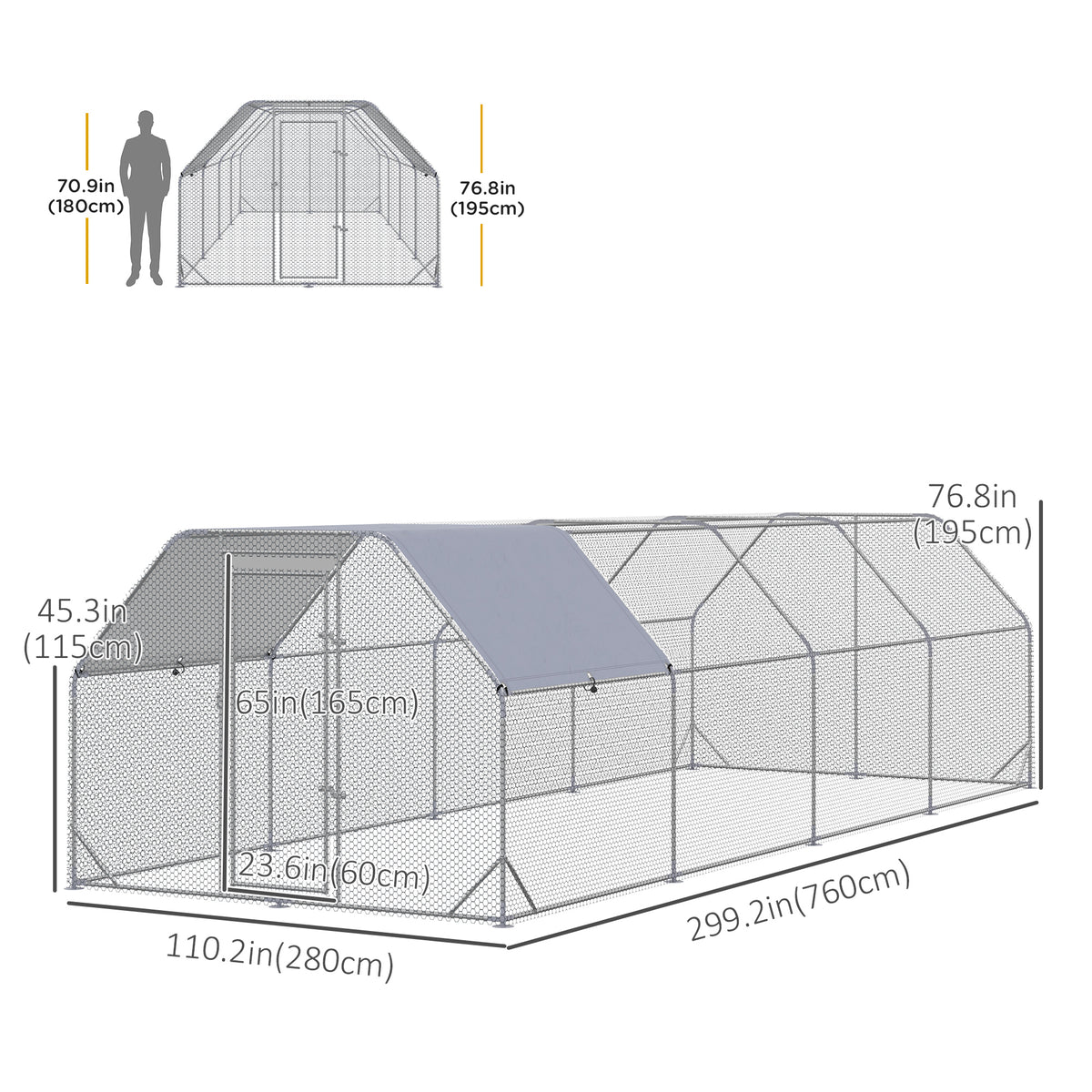 Large Metal Walk-in Chicken Coop - 9.2'x24.9'x6.5' Silver-Small Animals-DECOROLALA