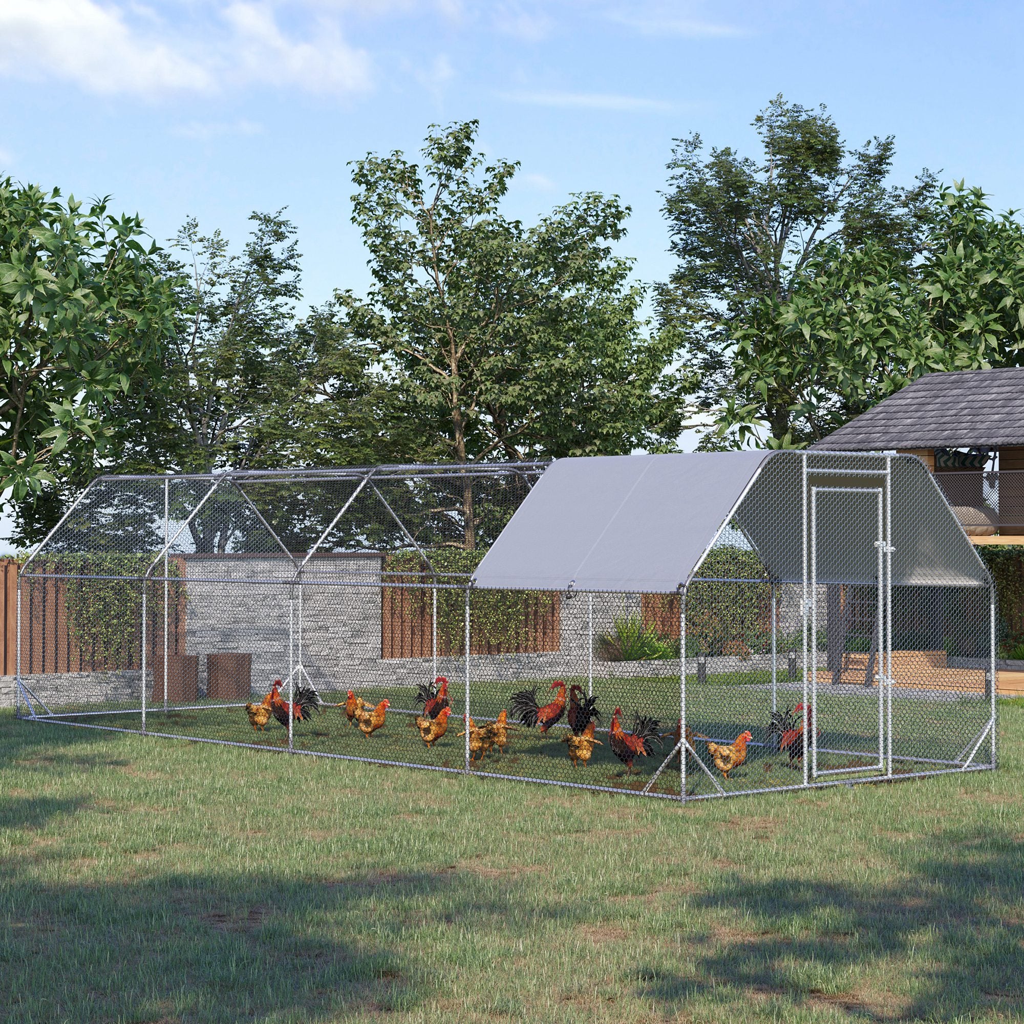 Large Metal Walk-in Chicken Coop - 9.2'x24.9'x6.5' Silver-Small Animals-DECOROLALA