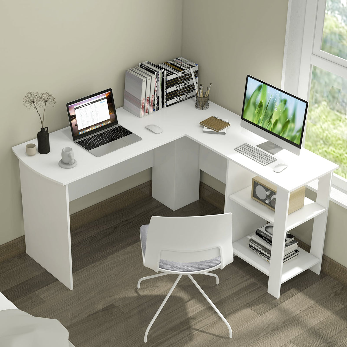 Large Modern L-shaped Computer Desk with 2 Cable Holes and 2 Storage Shelves-White-L-Shaped Desks-DECOROLALA