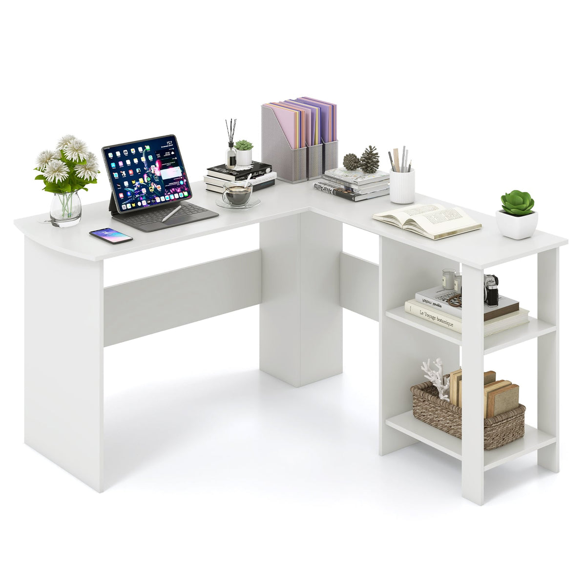 Large Modern L-shaped Computer Desk with 2 Cable Holes and 2 Storage Shelves-White-L-Shaped Desks-DECOROLALA