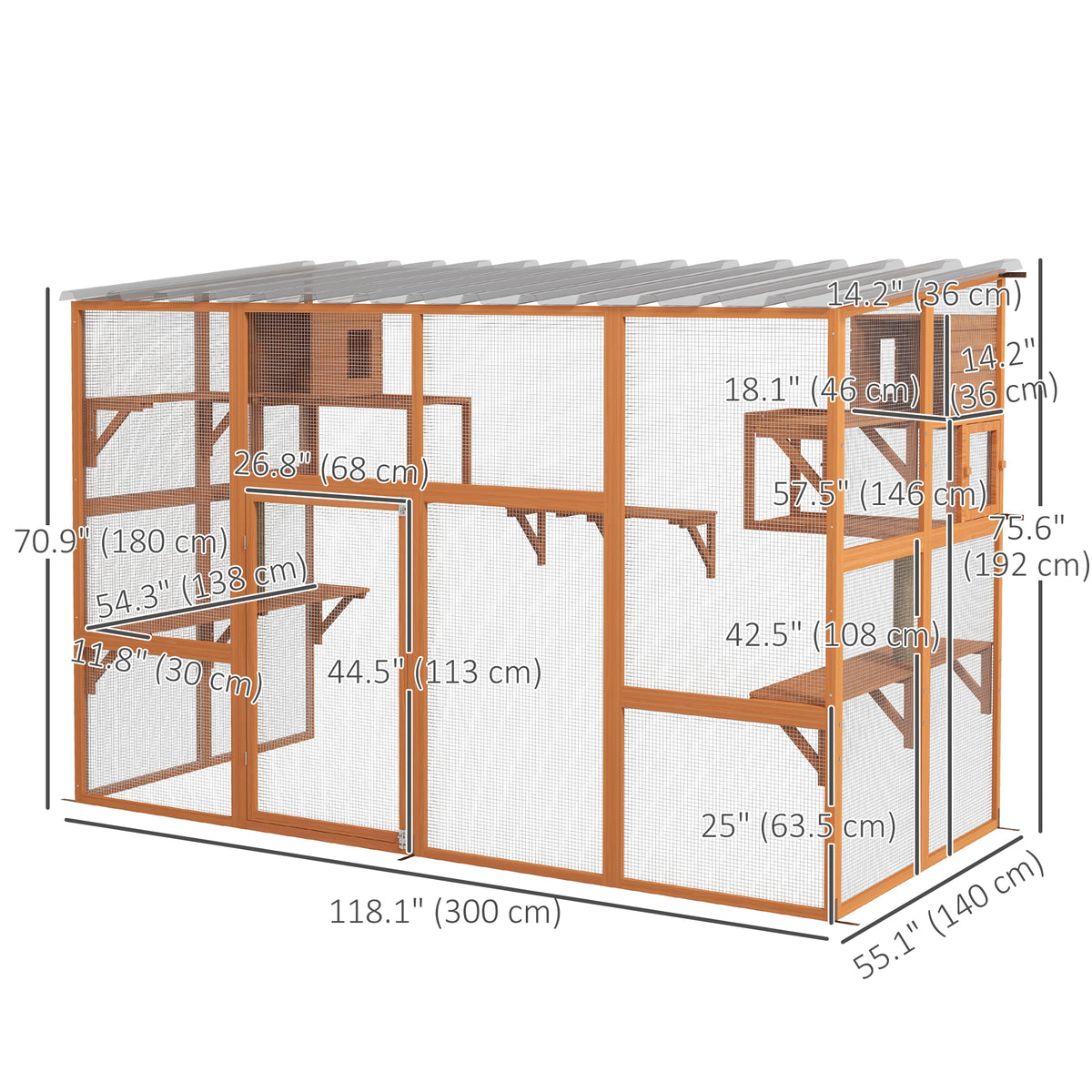 Large Outdoor Catio - 118" Wooden Cat Enclosure with 2 Condos, Orange-Cats-DECOROLALA