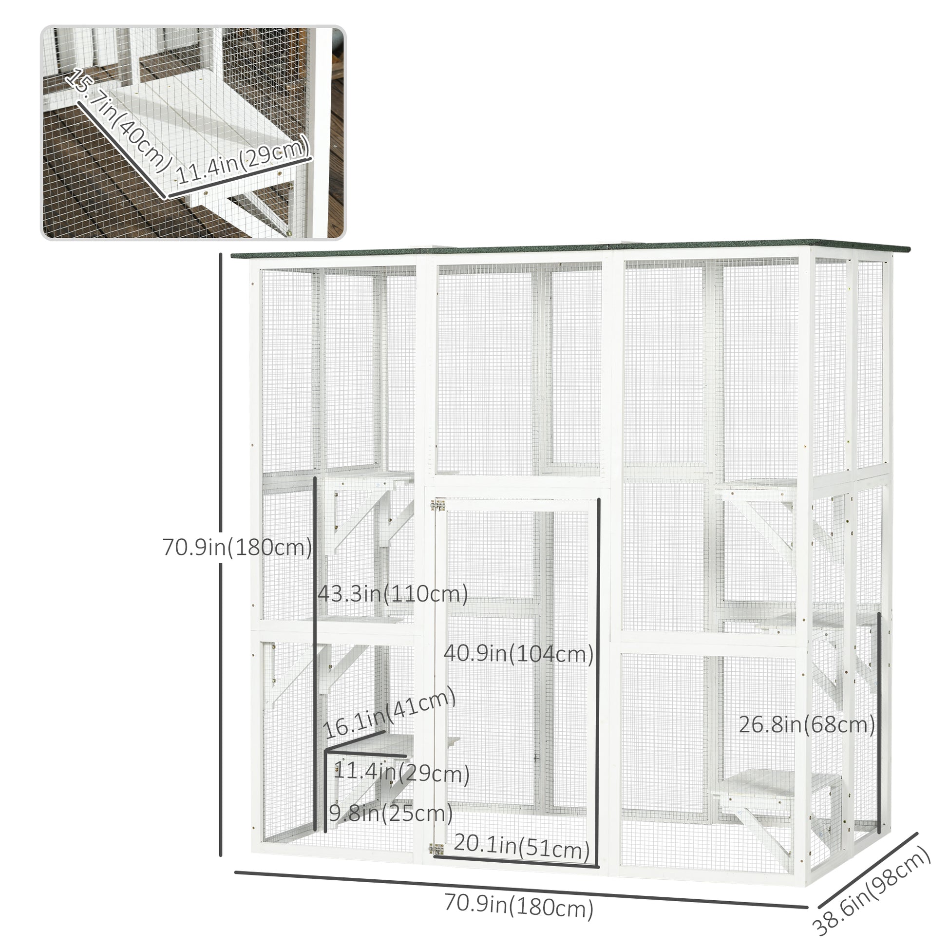 Large Outdoor Catio Enclosure, Wooden Cat Patio with 6 Balanced Platforms and Asphalt Roof, 70.9" x 38.6" x 70.9", White-Cats-DECOROLALA