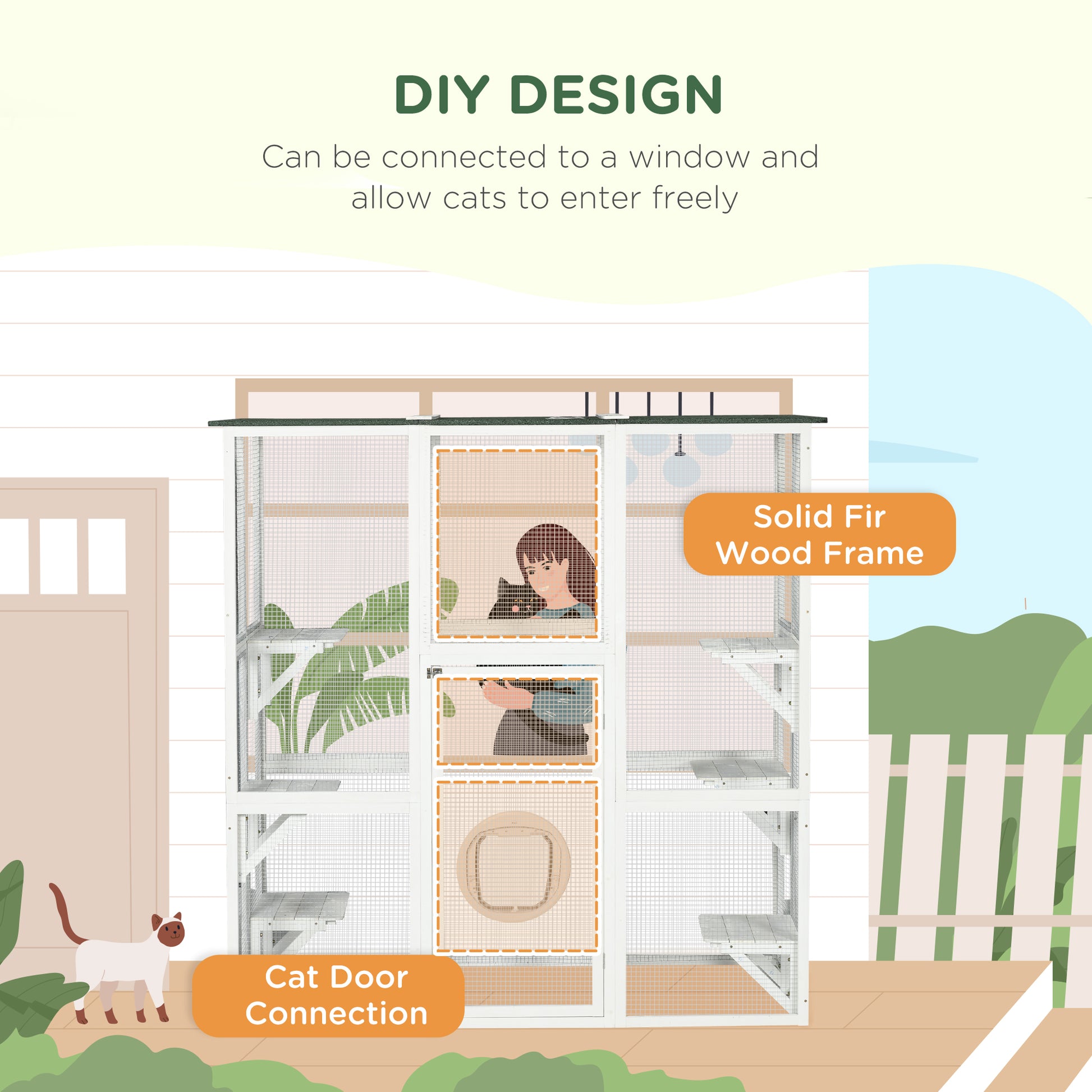 Large Outdoor Catio Enclosure, Wooden Cat Patio with 6 Balanced Platforms and Asphalt Roof, 70.9" x 38.6" x 70.9", White-Cats-DECOROLALA