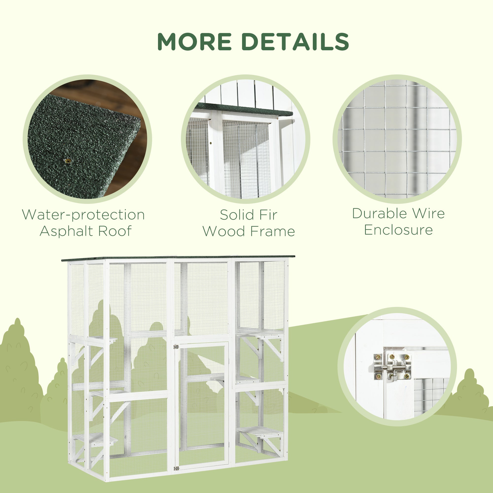 Large Outdoor Catio Enclosure, Wooden Cat Patio with 6 Balanced Platforms and Asphalt Roof, 70.9" x 38.6" x 70.9", White-Cats-DECOROLALA