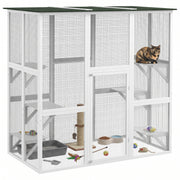 Large Outdoor Catio Enclosure, Wooden Cat Patio with 6 Balanced Platforms and Asphalt Roof, 70.9" x 38.6" x 70.9", White-Cats-DECOROLALA
