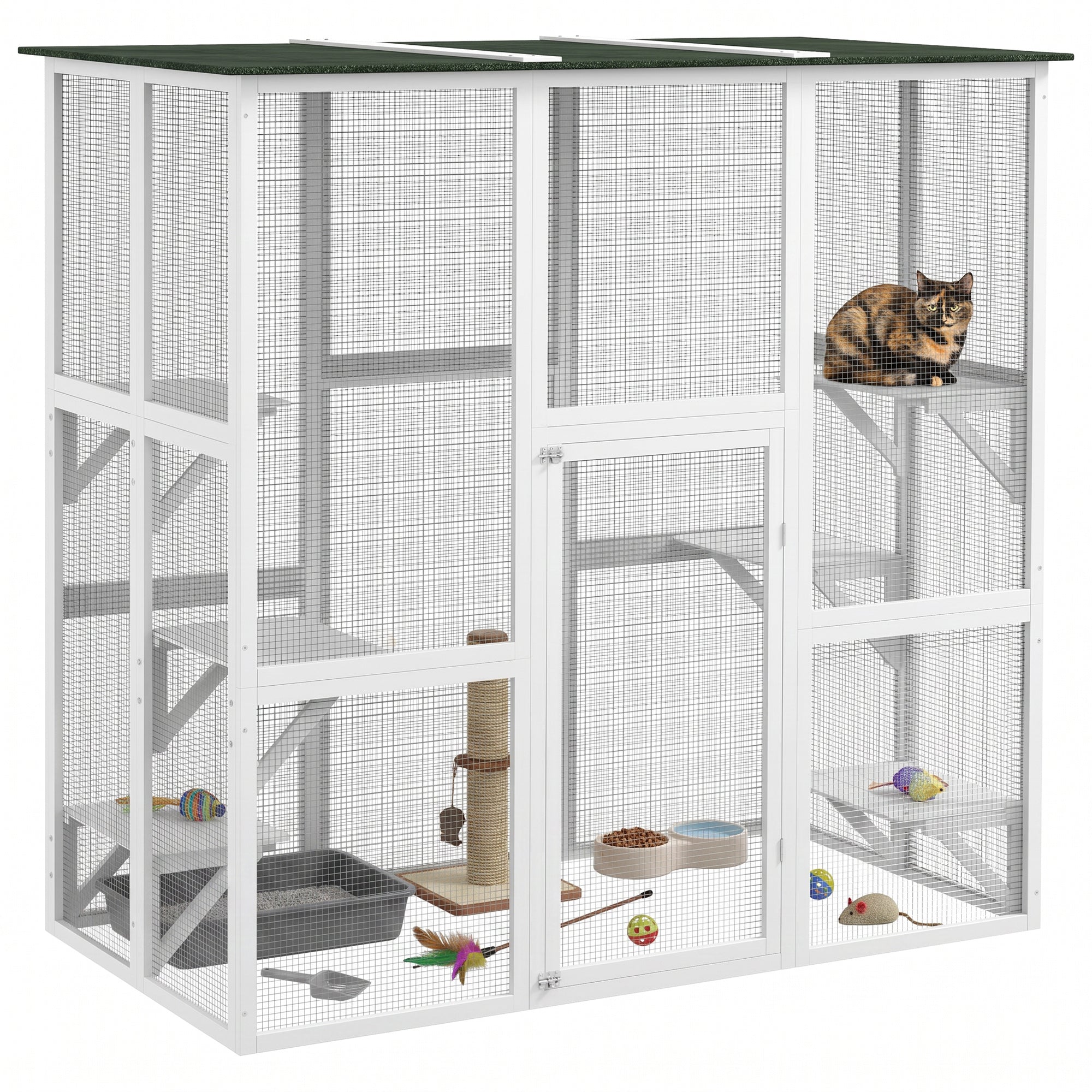 Large Outdoor Catio Enclosure, Wooden Cat Patio with 6 Balanced Platforms and Asphalt Roof, 70.9" x 38.6" x 70.9", White-Cats-DECOROLALA