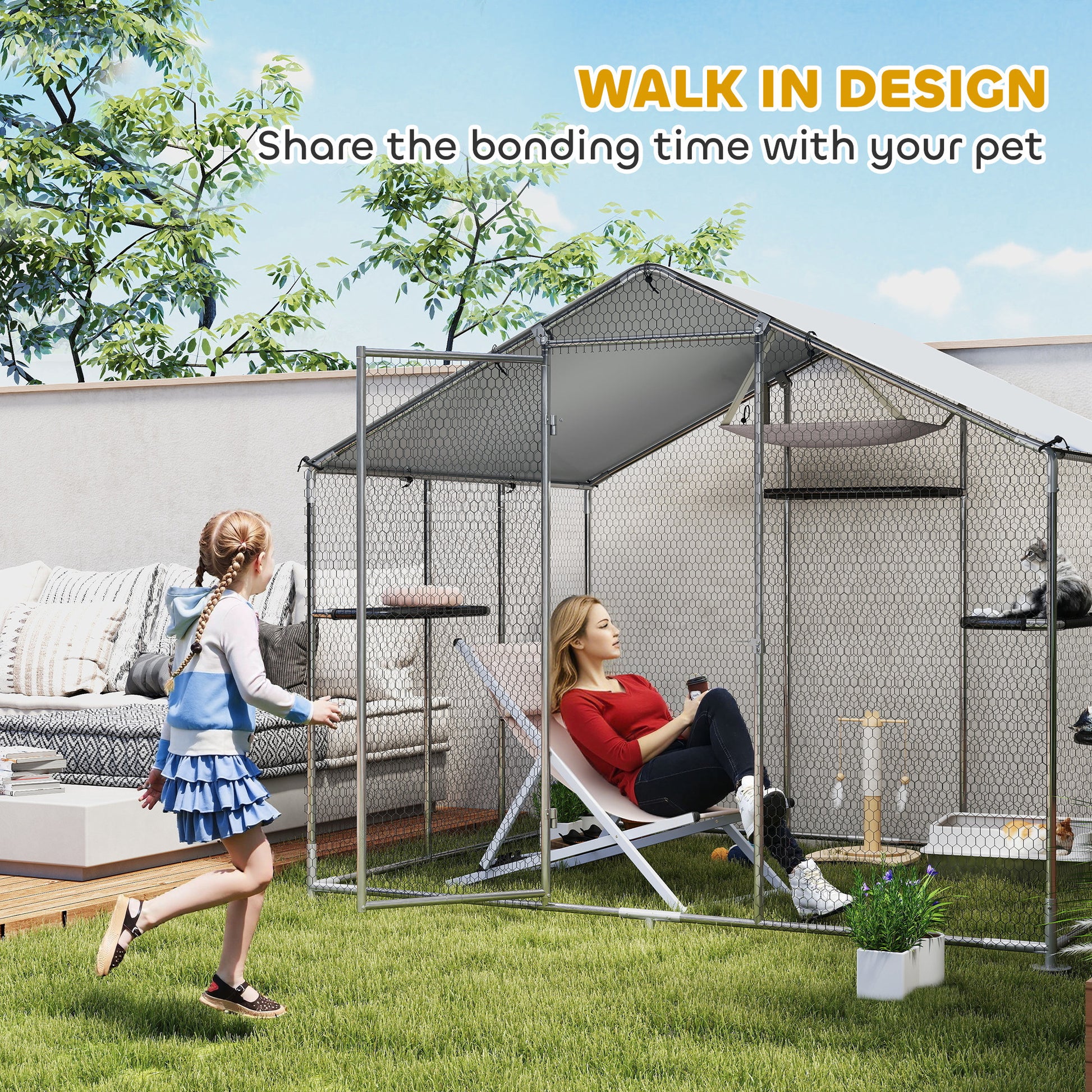 Large Outdoor Catio Enclosure with Waterproof Cover - Silver-DECOROLALA