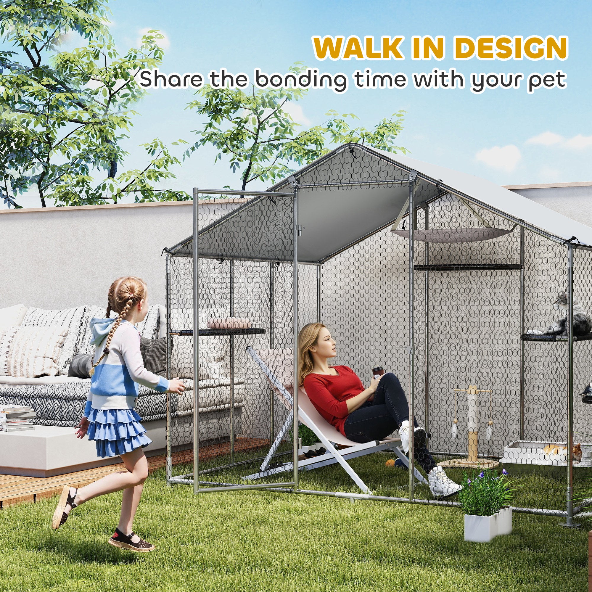 Large Outdoor Catio Enclosure with Waterproof Cover - Silver-DECOROLALA